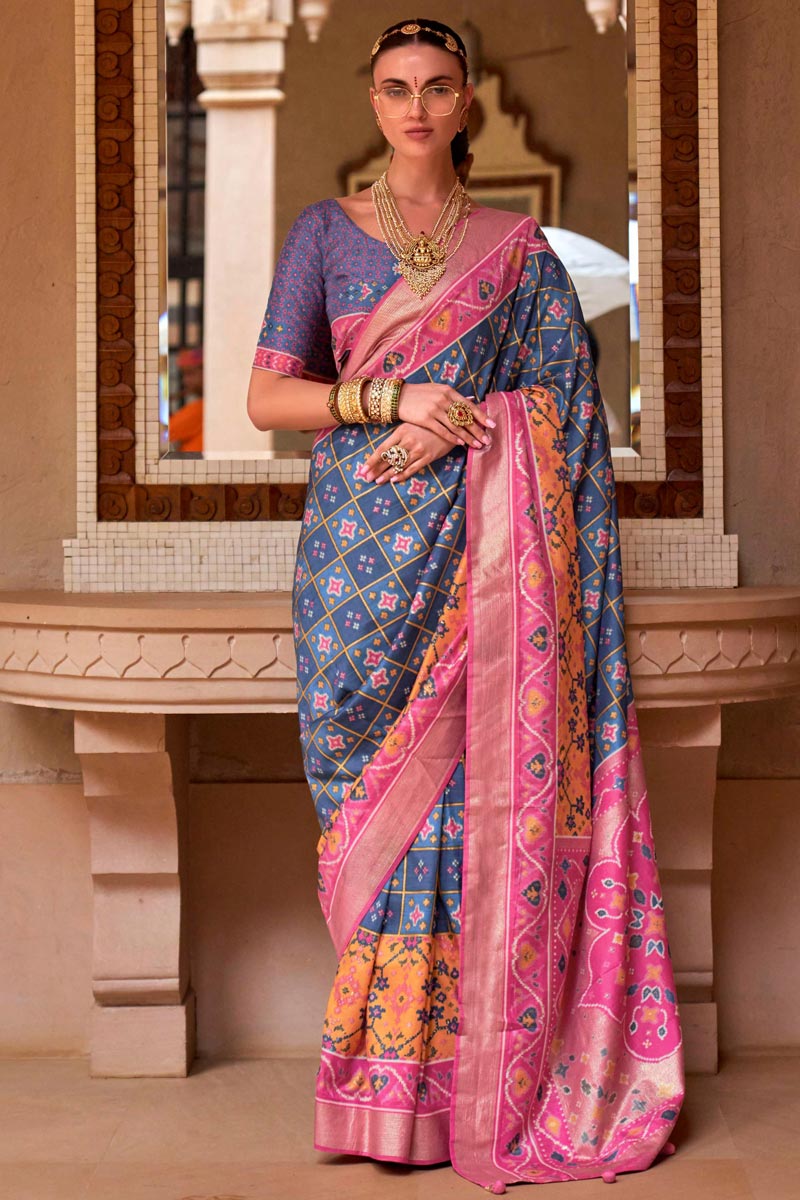 Glamorous Blue Patola Silk Saree In Function Wear