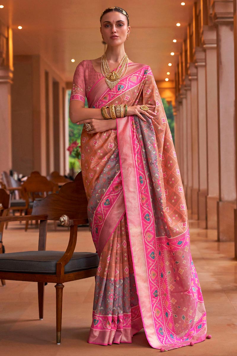 Chikoo Patola Silk Lovely Saree In Function Wear