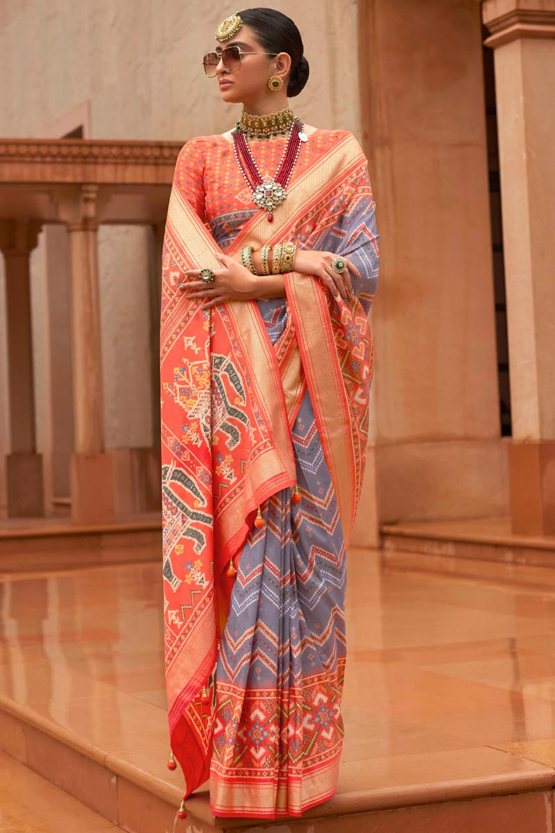 Function Wear Grey Patola Silk Vintage Saree