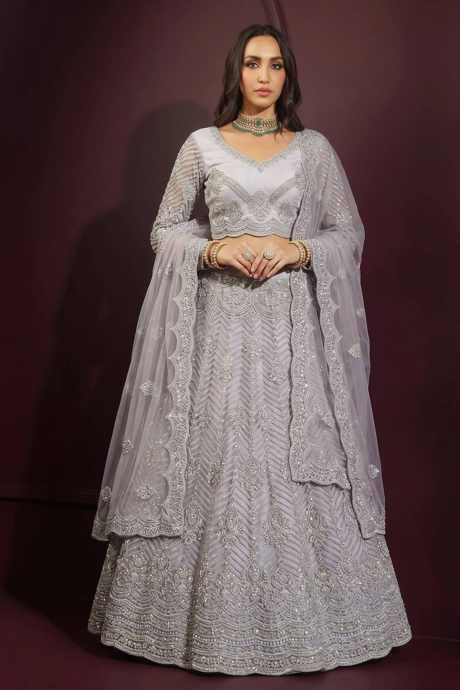 Grey Net Embroidered Traditional Wedding Lehenga Choli