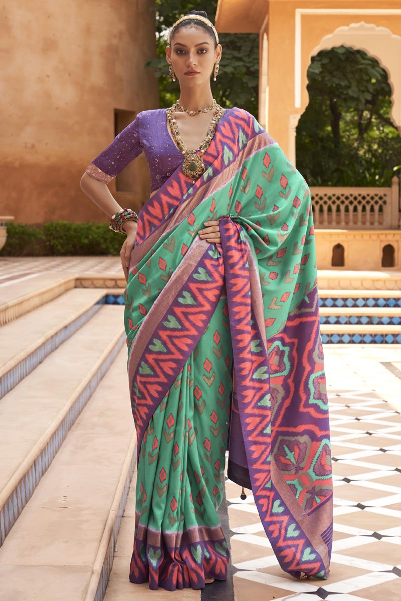 Excellent Art Silk Fabric Sea Green Color Patola Saree With Printed Work