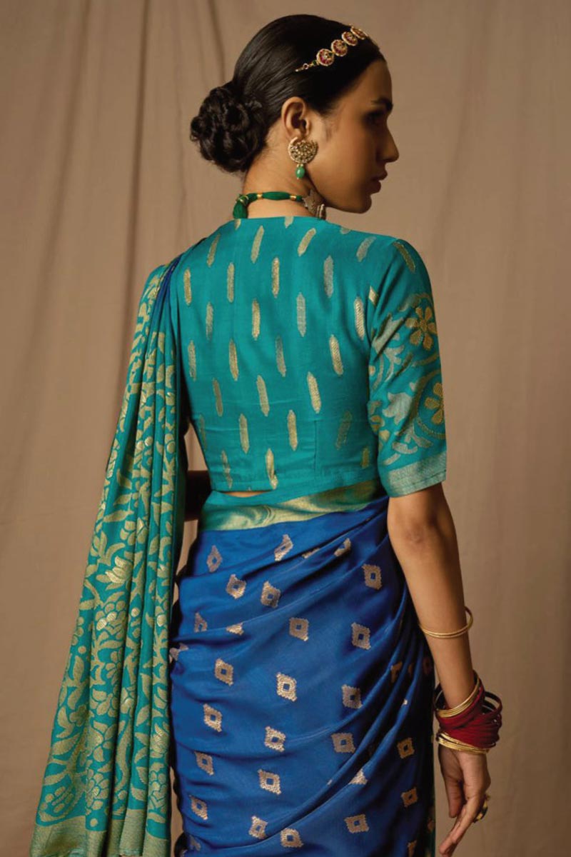 Incredible Weaving Work On Brasso Fabric Blue Saree
