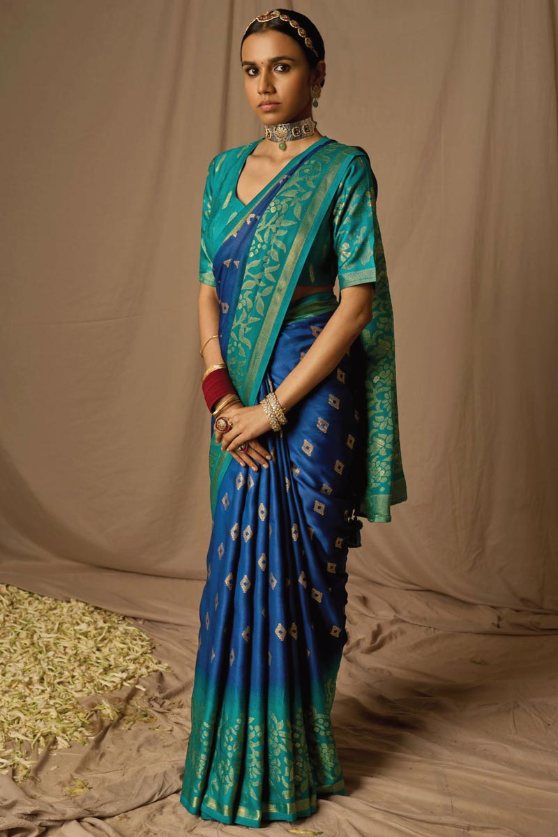 Incredible Weaving Work On Brasso Fabric Blue Saree