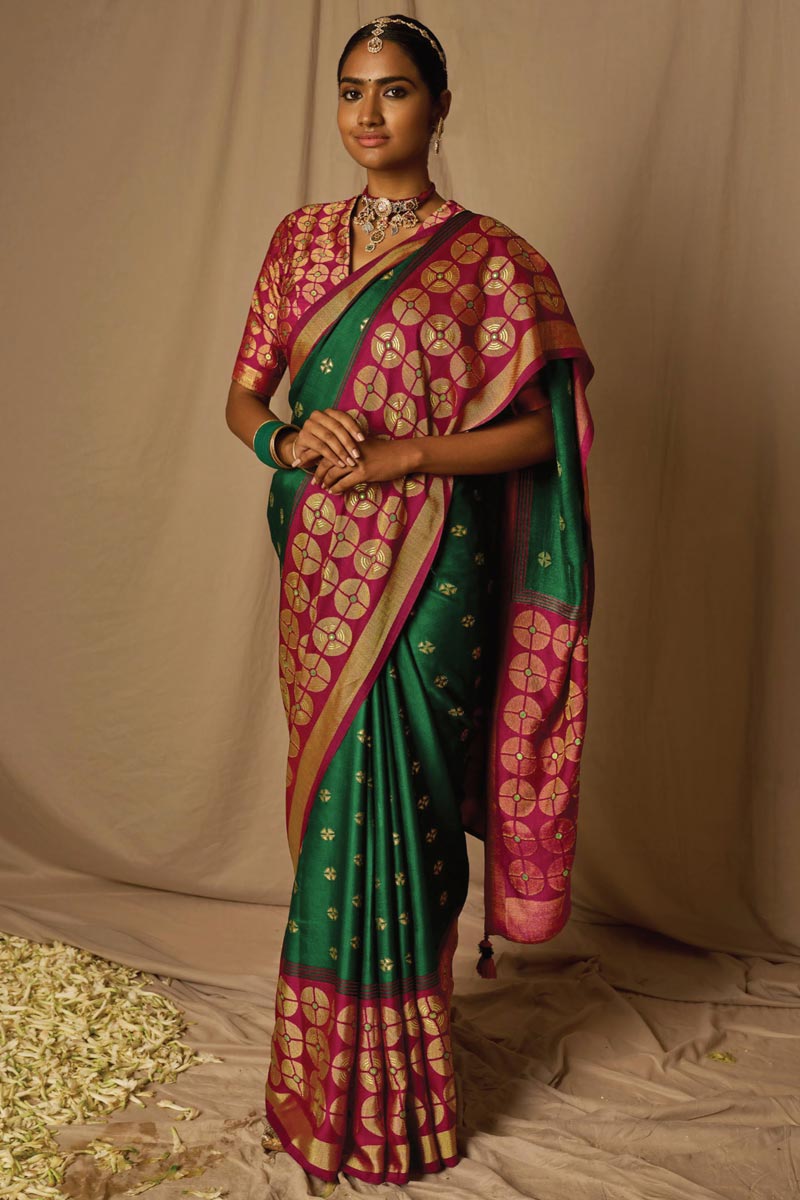 Tempting Brasso Fabric Dark Green Saree With Weaving Work