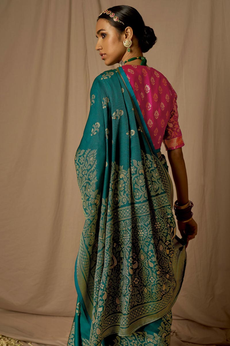 Brasso Fabric Teal Delicate Saree With Weaving Work