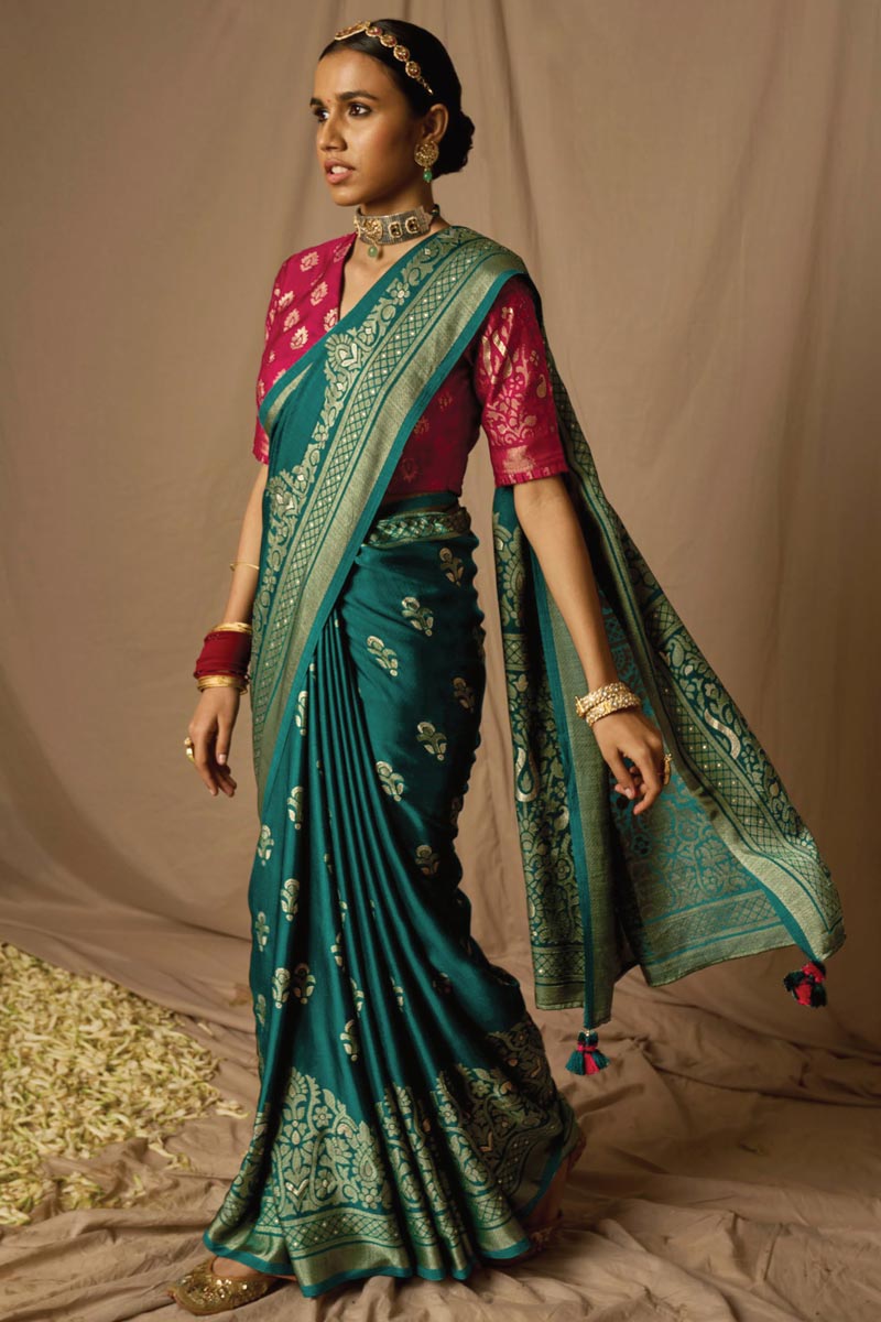 Brasso Fabric Teal Delicate Saree With Weaving Work