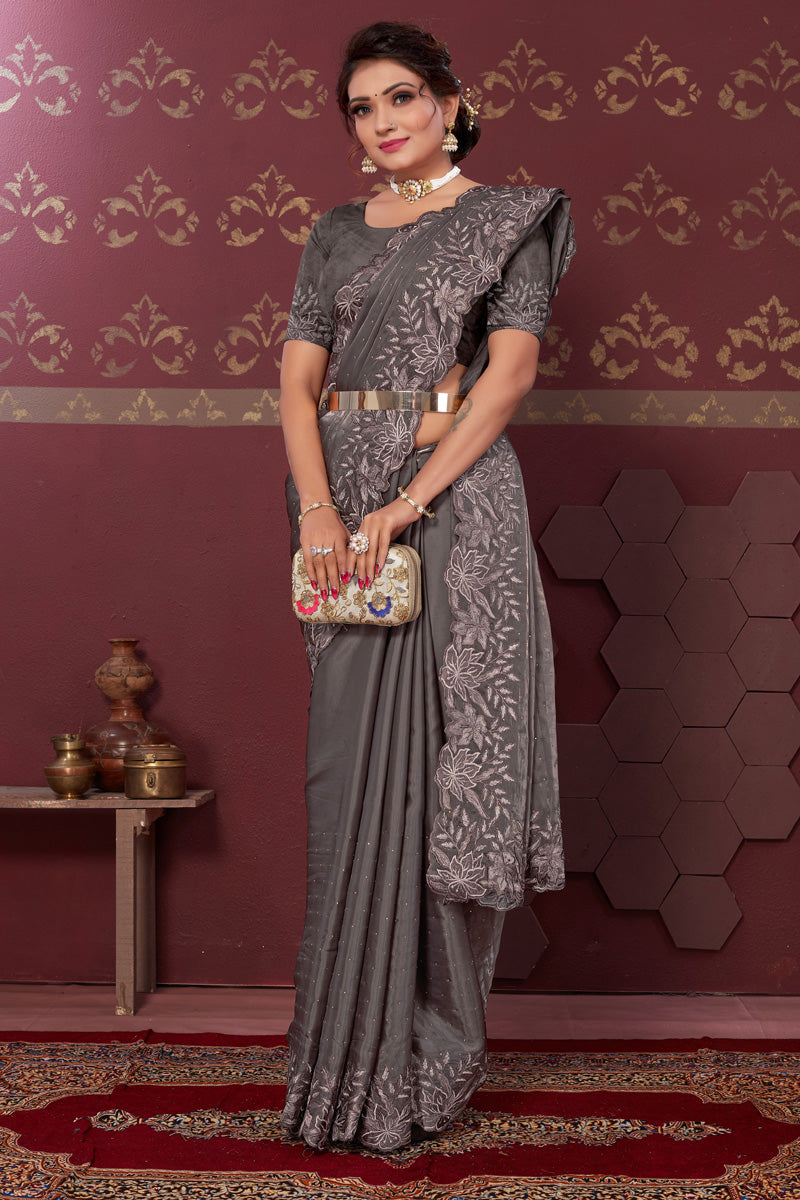 Engaging Grey Color Art Silk Fabric Embroidered Saree