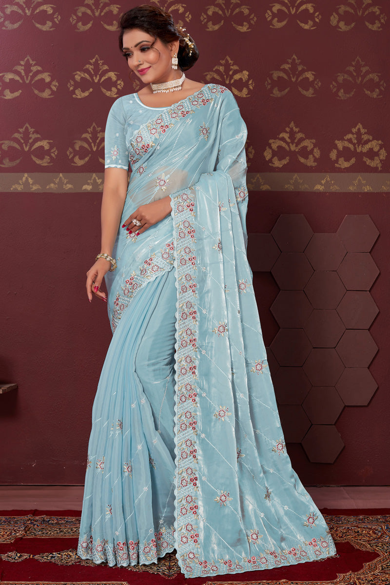 Magnificent Embroidered Sky Blue Color Saree In Art Silk Fabric