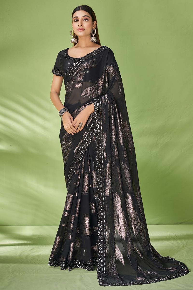 Brilliant Foil Printed Georgette Saree In Black Color