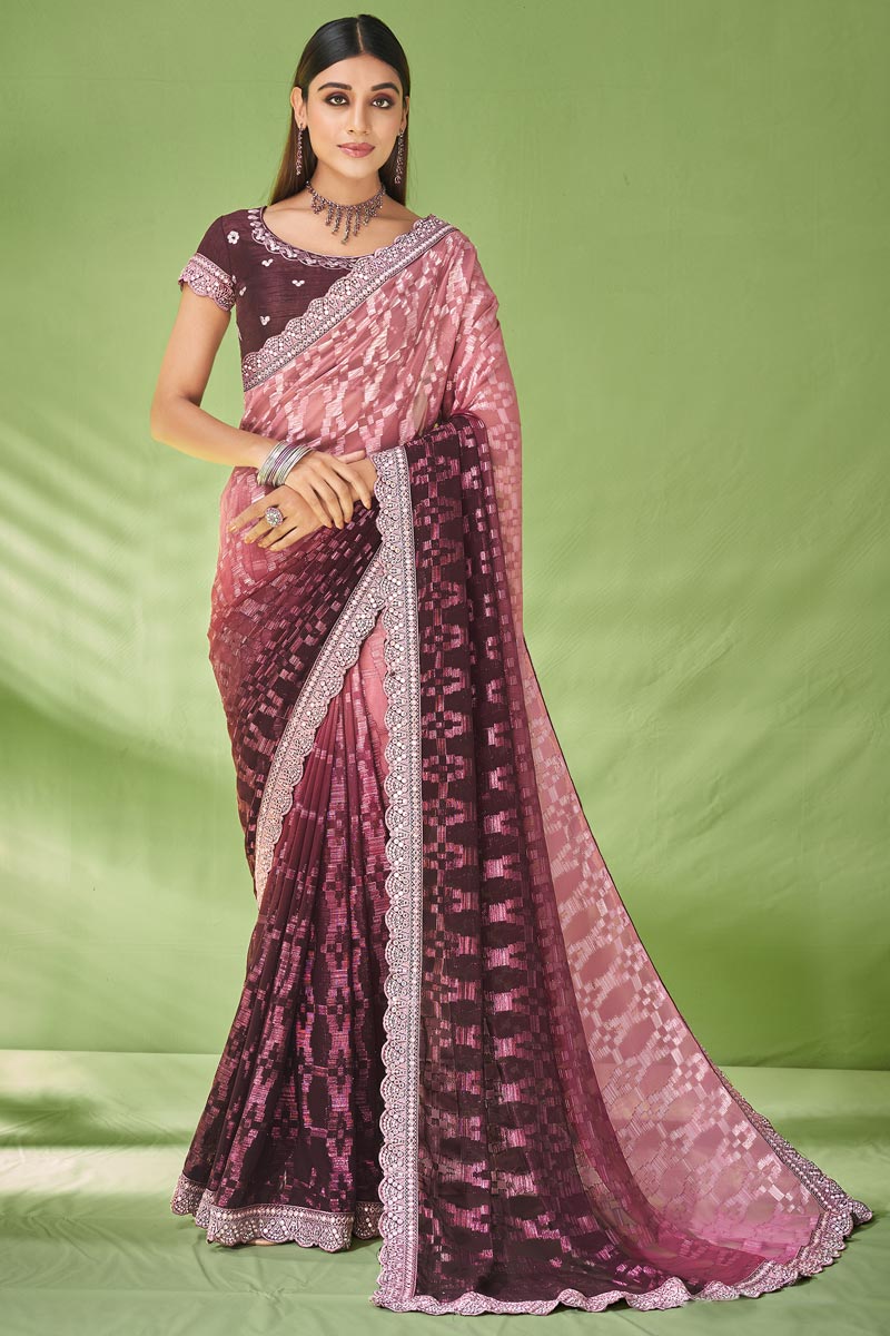 Wonderful Foil Printed Georgette Saree In Wine Color