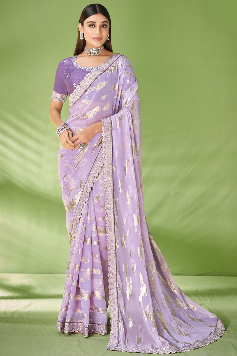 Enticing Lavender Foil Printed Georgette Saree