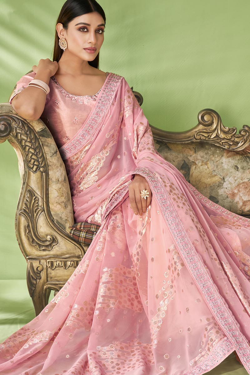 Supreme Foil Printed Georgette Saree In Peach Color