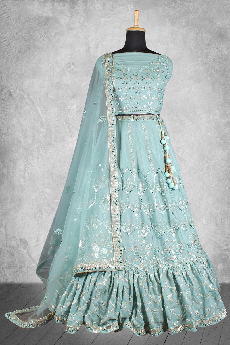Creative Sea Green Satin Fabric Wedding Wear Lehenga Choli