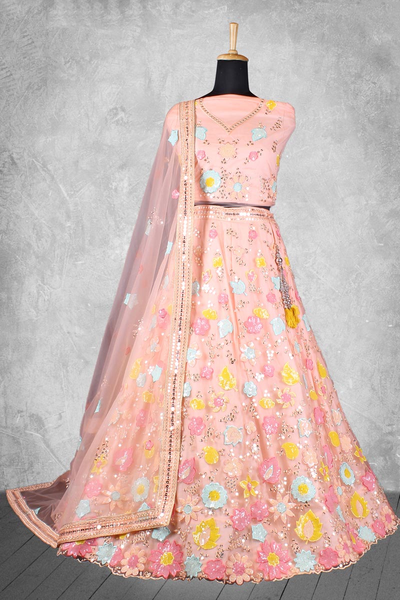 Peach Coveted Net Fabric Wedding Wear Lehenga Choli