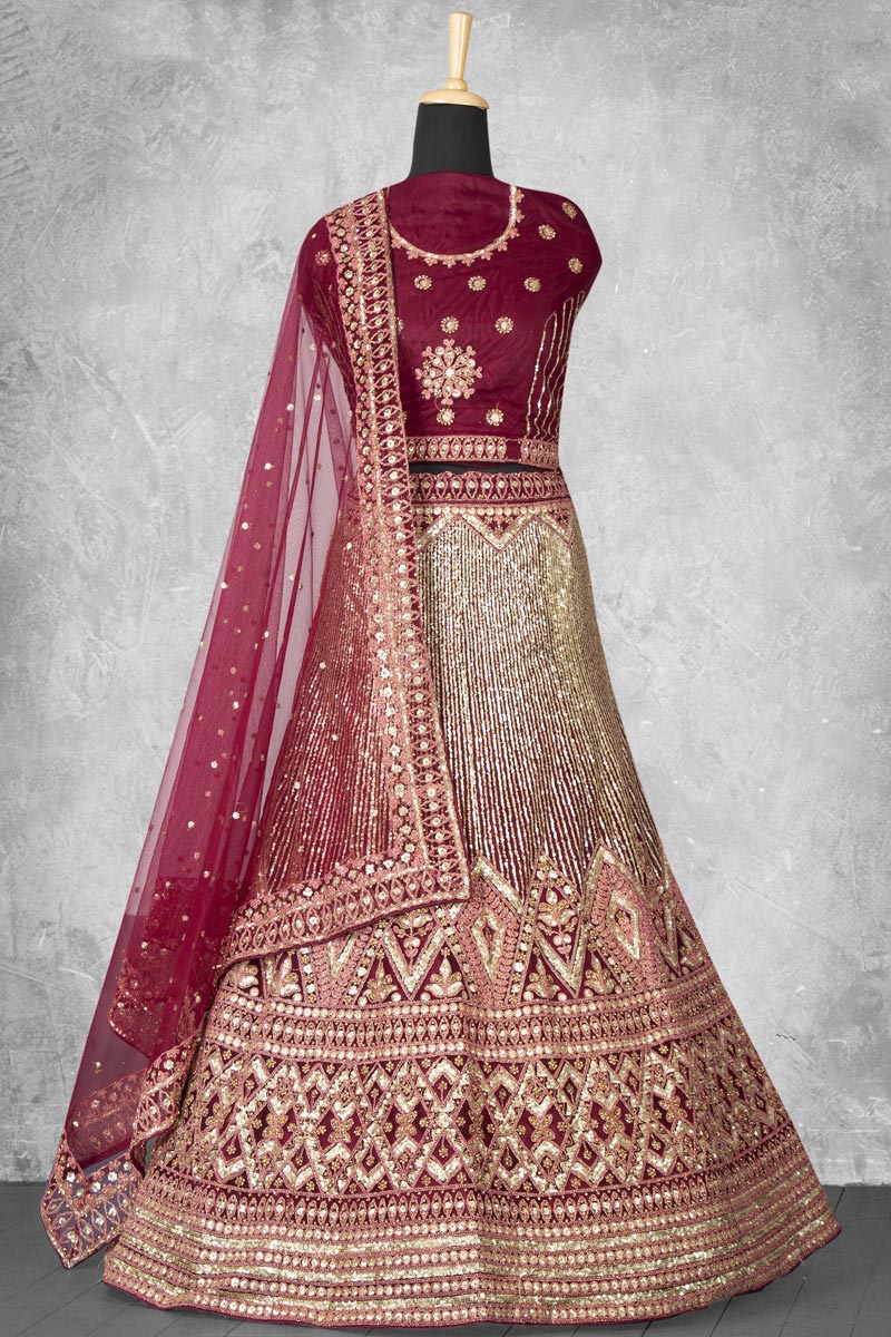 Net Fabric Sequins Work Wonderful Bridal Lehenga In Maroon Color