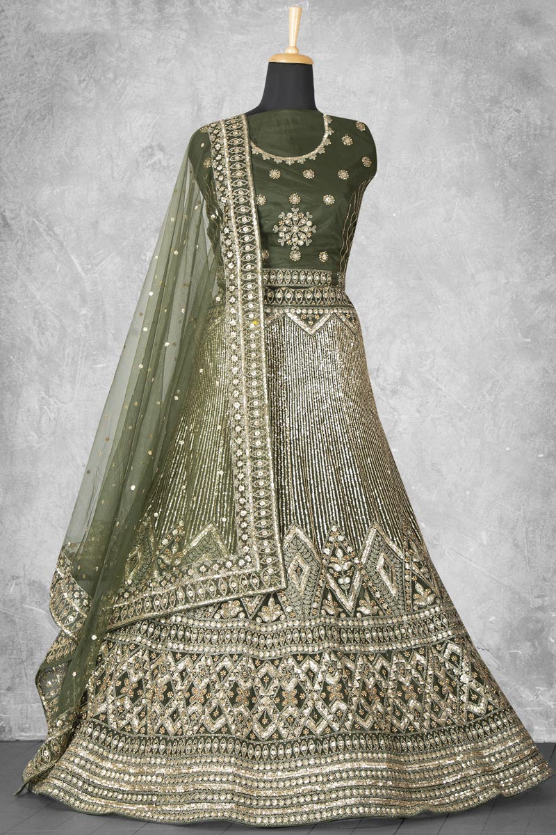 Net Fabric Green Sequins Work Fantastic Bridal Lehenga