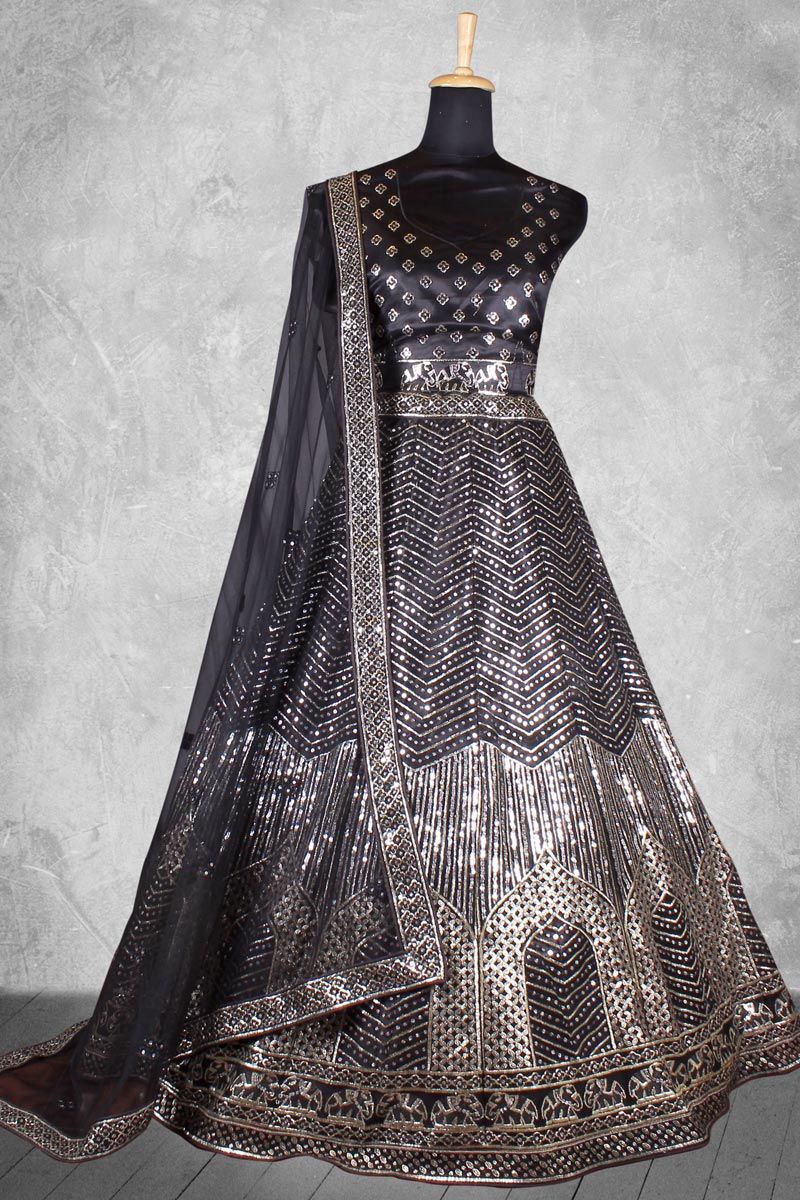 Sequins Work Satin Silk Fabric Black Wonderful Bridal Lehenga