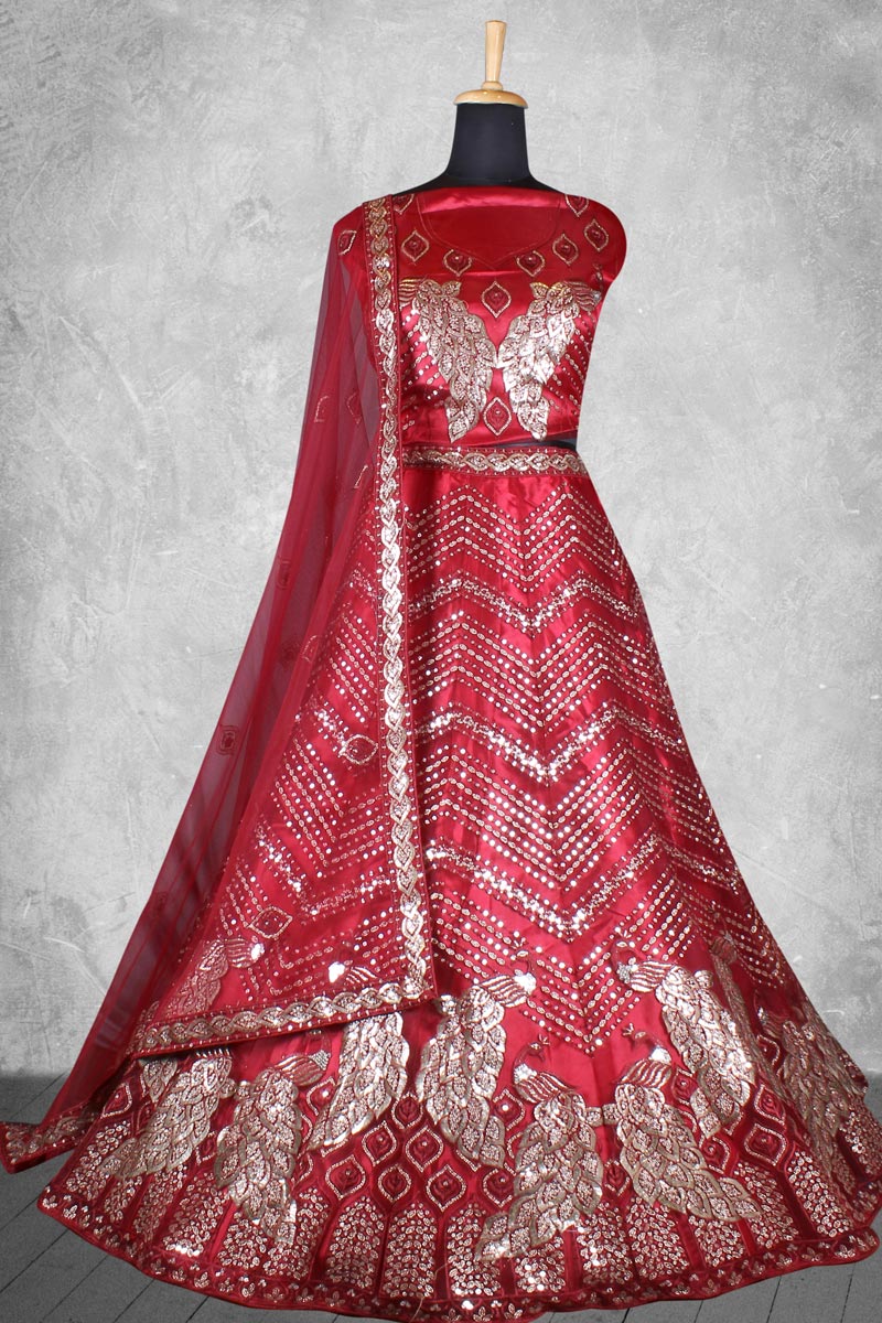 Velvet Fabric Brilliant Sequins Work Bridal Lehenga In Red Color