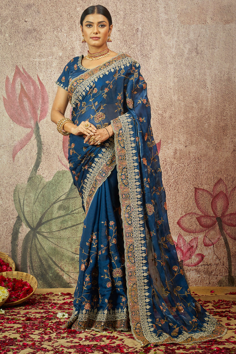 Organza Fabric Teal Color Aristocratic Sequins Work Saree