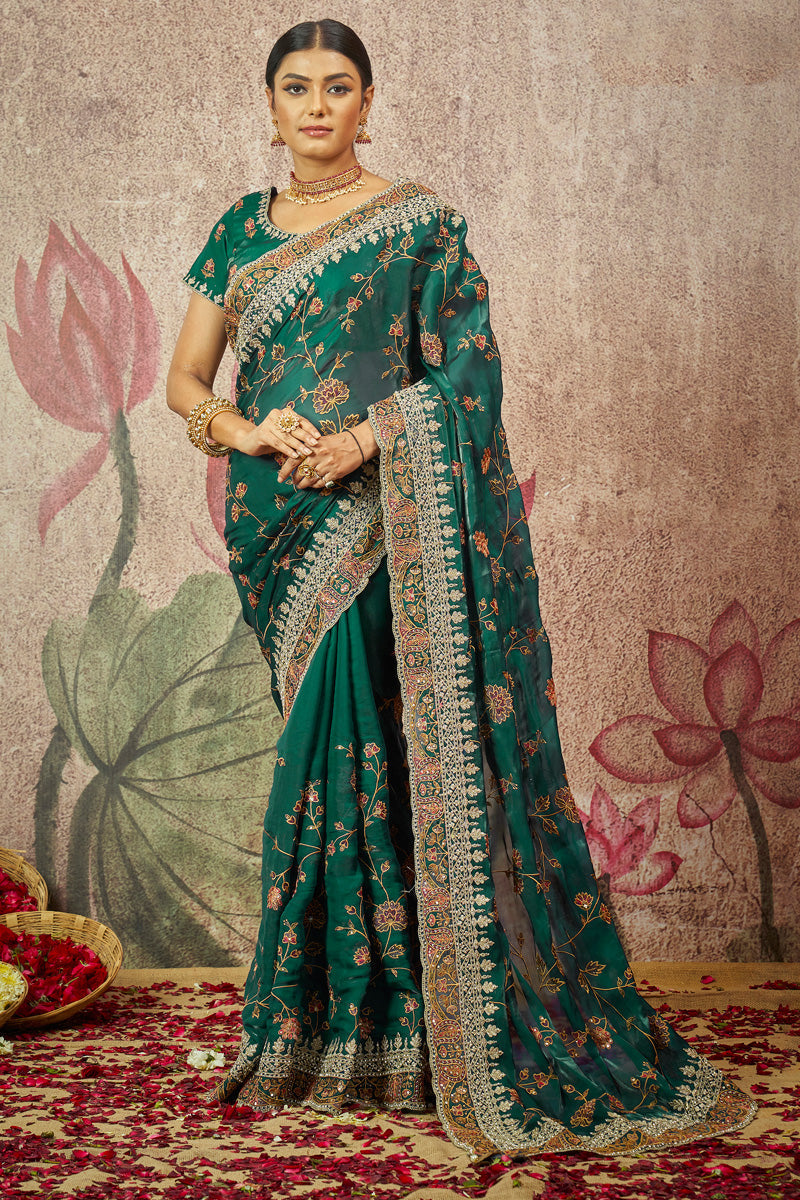 Sequins Work On Green Color Organza Fabric Astounding Saree