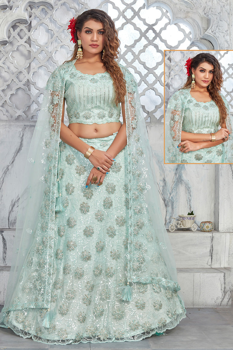 Net Sea Green Excellent Lehenga With Embroidred Work
