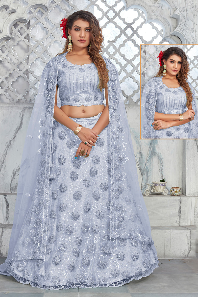 Embroidred Work On Light Cyan Net Princely Lehenga