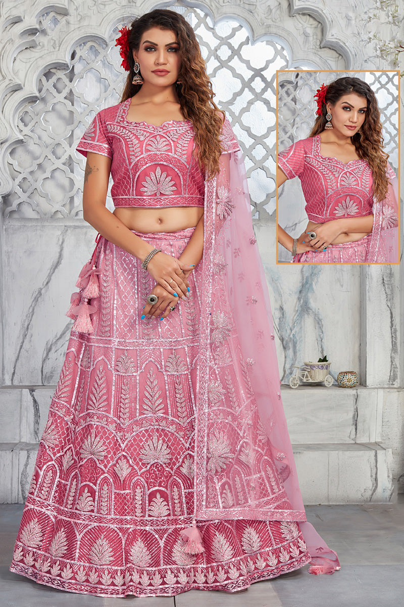 Embroidred Work On Pink Sober Lehenga In Art Silk Fabric