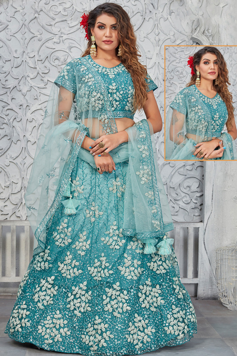 Function Look Net Fabric Cyan Enticing Lehenga