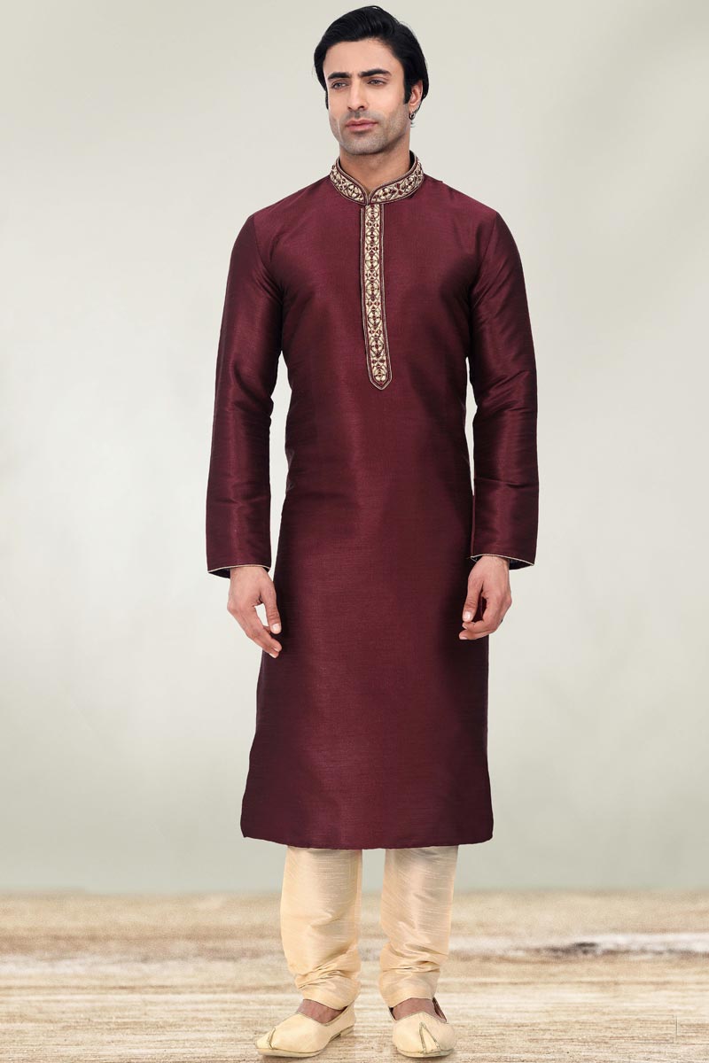 Stunning Wine Color Function Wear Readymade Men Kurta Pyjama