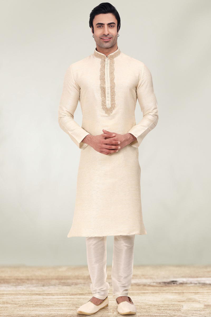 Cream Art Silk Festive Wear Readymade Kurta Pyjama For Men