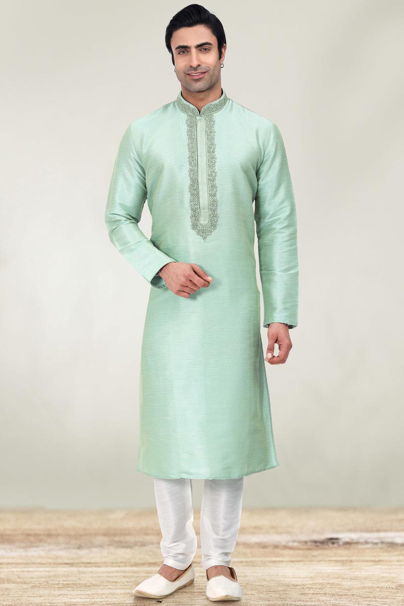 Art Silk Sea Green Magnificent Readymade Men Kurta Pyjama For Sangeet Wear