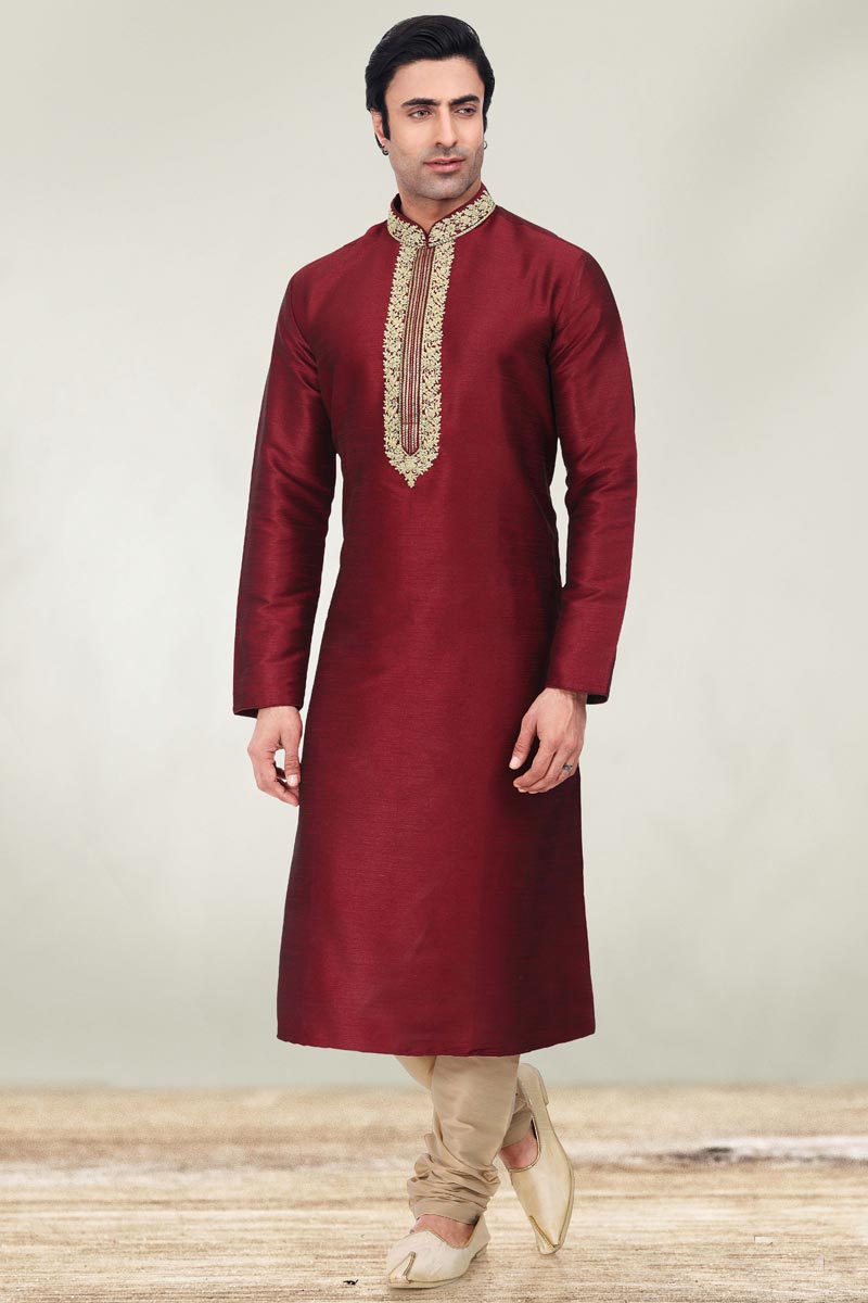 Art Silk Fabric Function Wear Readymade Maroon Color Kurta Pyjama For Men
