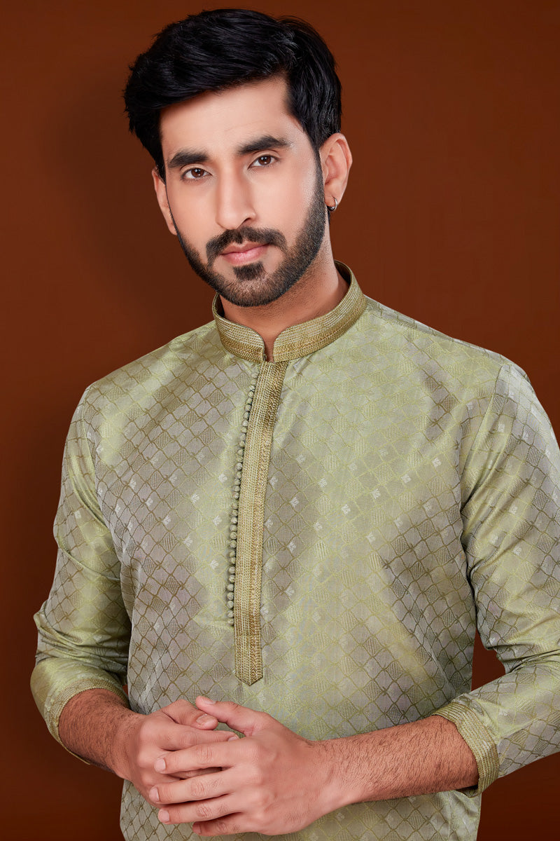 Sea Green Color Jacquard Fabric Coveted Kurta Pyjama