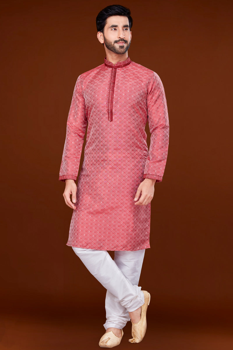 Jacquard Fabric Pink Color Patterned Kurta Pyjama For Men