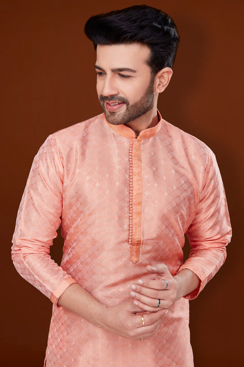 Creative Pink Color Jacquard Fabric Kurta Pyjama For Men
