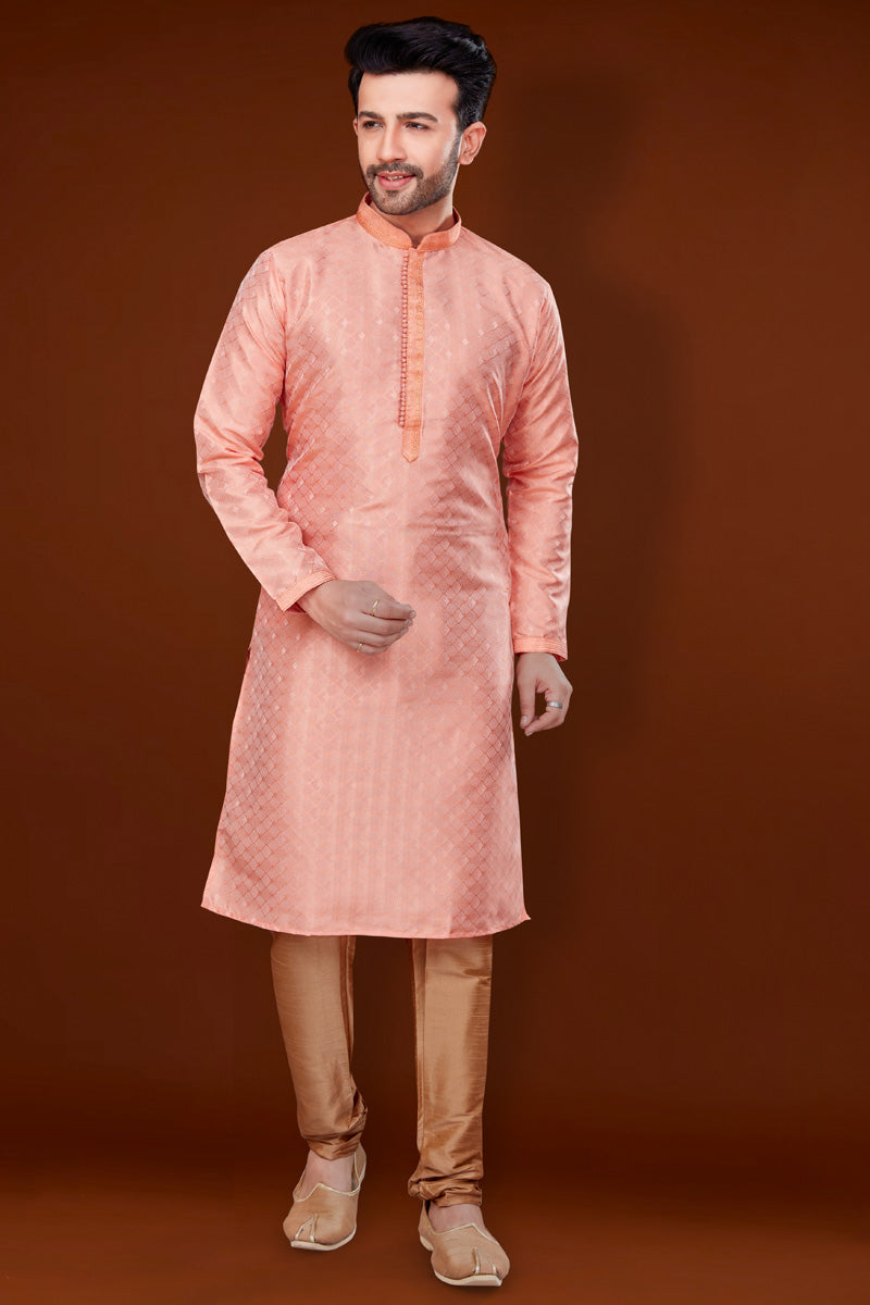 Creative Pink Color Jacquard Fabric Kurta Pyjama For Men