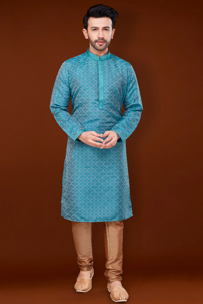Excellent Jacquard Fabric Cyan Color Kurta Pyjama For Men