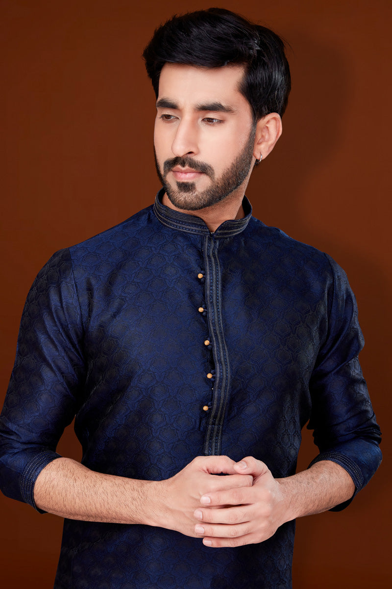 Navy Blue Color Jacquard Fabric Stunning Kurta Pyjama For Men