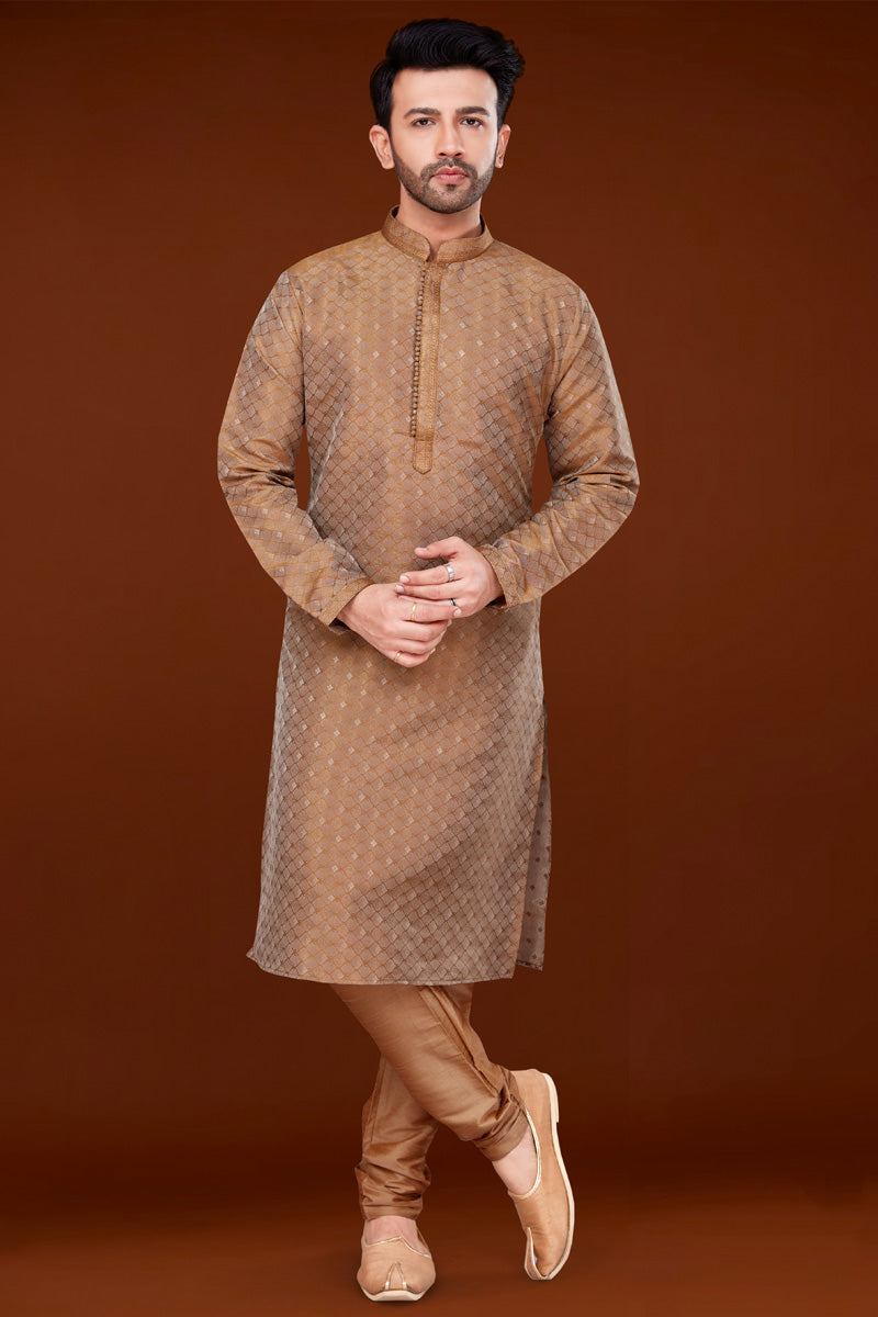 Beguiling Chikoo Color Jacquard Fabric Kurta Pyjama For Men