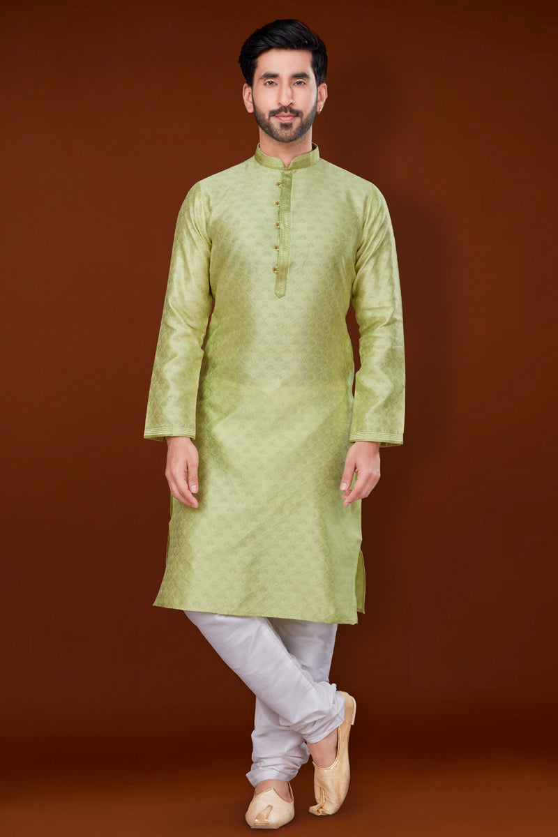 Incredible Jacquard Fabric Green Color Kurta Pyjama For Men