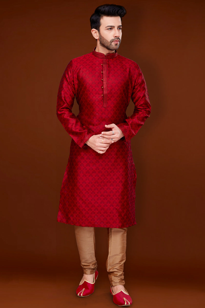 Tempting Jacquard Fabric Red Color Kurta Pyjama For Men