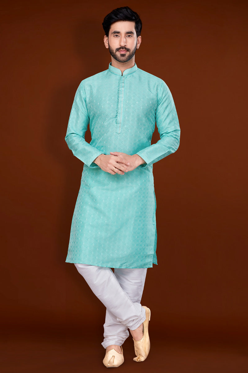 Jacquard Fabric Sky Blue Color Royal Kurta Pyjama For Men