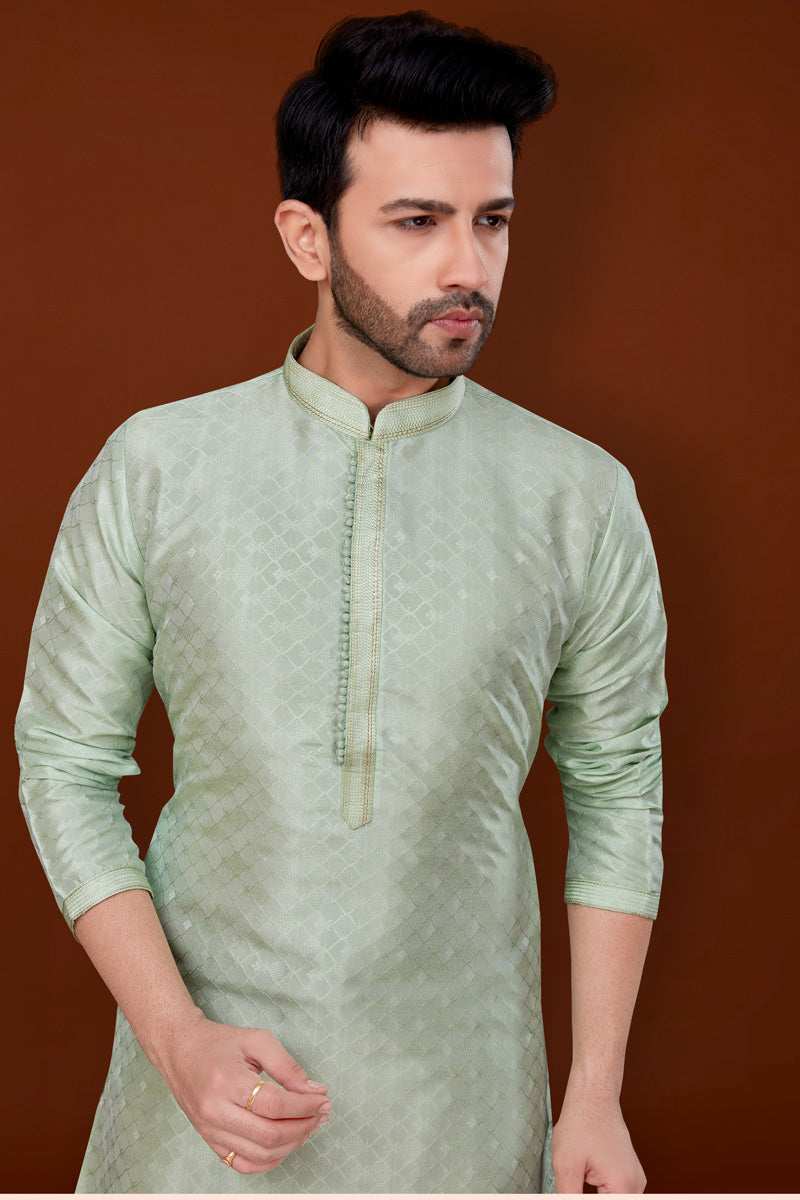 Jacquard Fabric Bewitching Kurta Pyjama For Men In Sea Green Color
