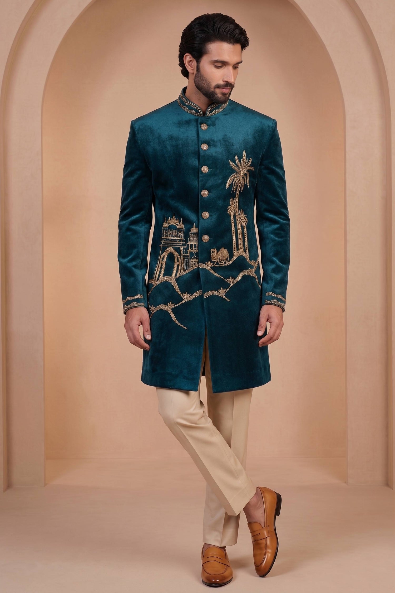 Teal Velvet Graceful Readymade Men Indo Western Jodhpuri Suit