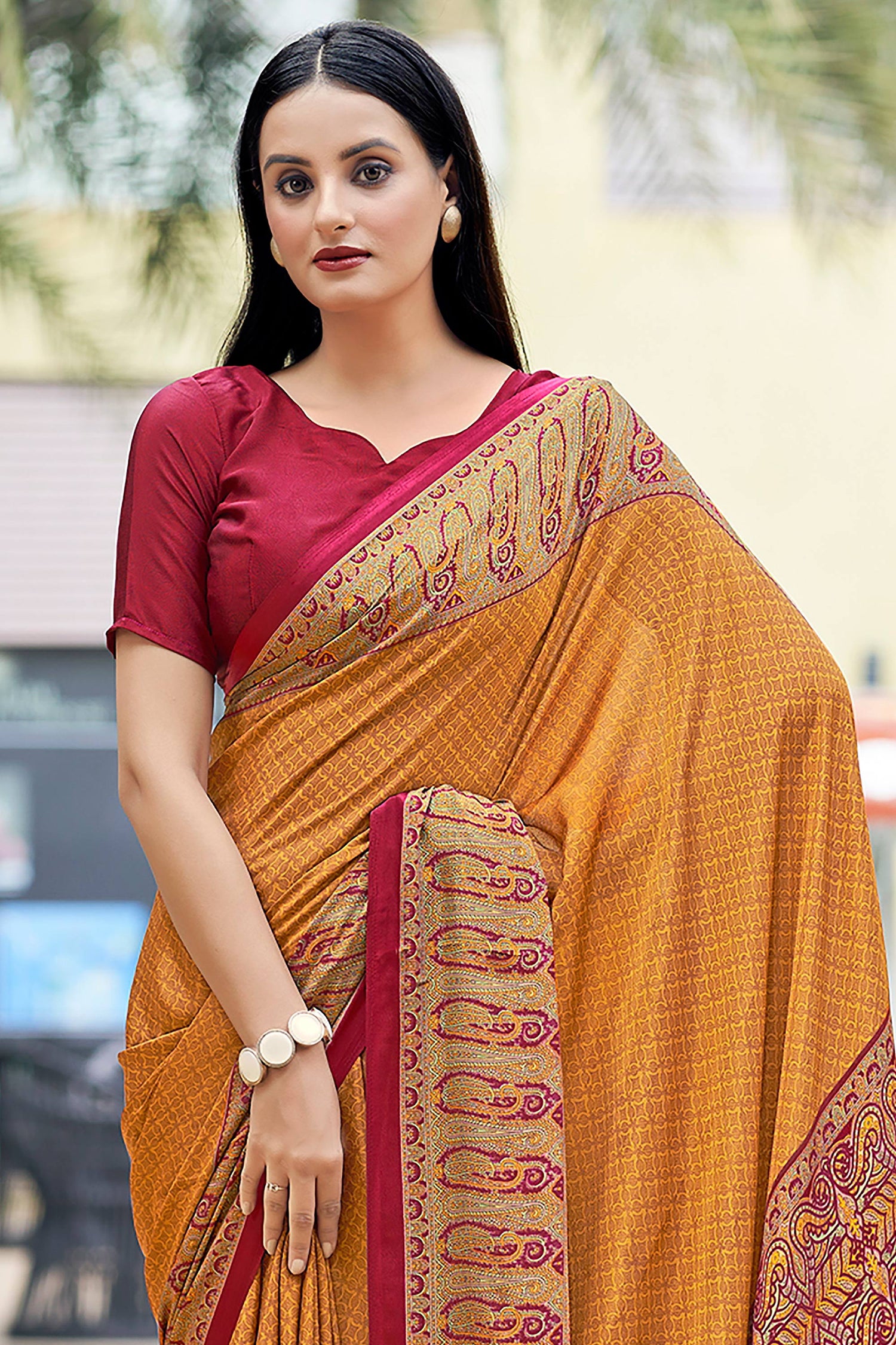 Mustard Crepe Silk Printed Saree